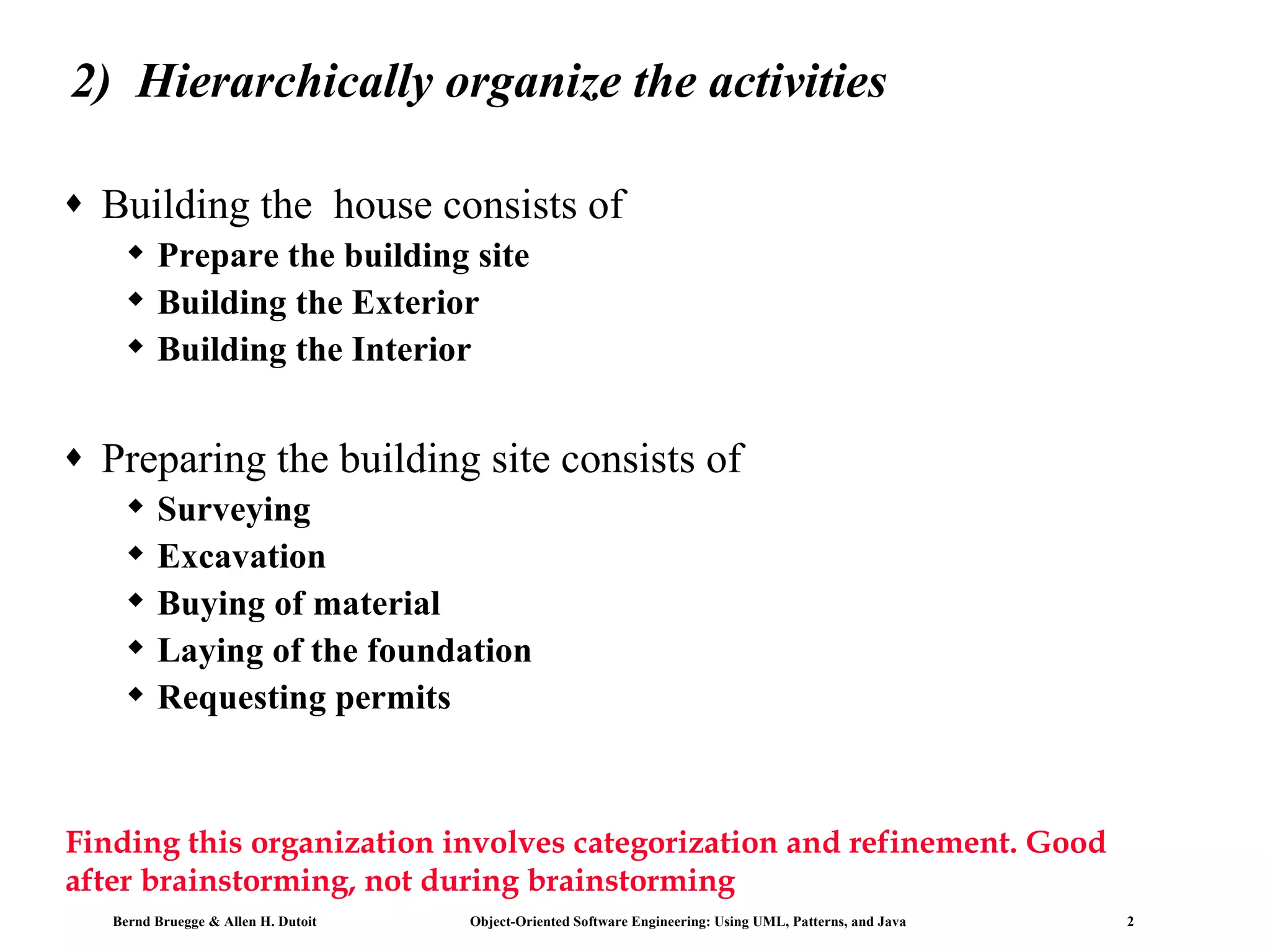 2)  Hierarchically organize the activities Building the  house consists of Prepare the building site Building the Exterior Building the Interior Preparing the building site consists of Surveying  Excavation Buying of material Laying of the foundation Requesting permits Finding this organization involves categorization and refinement. Good  after brainstorming, not during brainstorming 