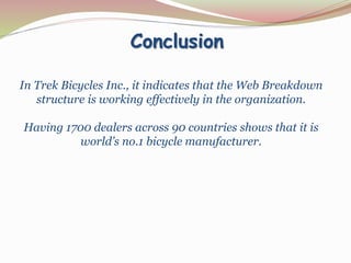 In Trek Bicycles Inc., it indicates that the Web Breakdown
structure is working effectively in the organization.
Having 1700 dealers across 90 countries shows that it is
world’s no.1 bicycle manufacturer.
Conclusion
 