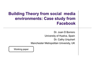 Building Theory from social media
   environments: Case study from
                        Facebook

                                     Dr. Juan D Borrero
                             University of Huelva, Spain
                                     Dr. Cathy Urquhart
                  Manchester Metropolitan University, UK

  Working paper
 