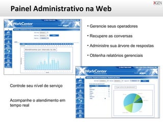 Painel Administrativo na Web Gerencie seus operadores Recupere as conversas  Administre sua árvore de respostas Obtenha relatórios gerenciais Controle seu nível de serviço Acompanhe o atendimento em tempo real  
