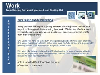 Work
From Hanging Out, Messing Around, and Geeking Out
PUBLISHING AND DISTRIBUTION
Along the lines of Chapter 6, young creators are using online venues as a
way of publishing and disseminating their work. While most efforts are not
immediate economic gain, young creators are reaping economic benefits
from their creative work.
EX: Caitlin Hill- 19yr old ranked 31st among most-subscribed-to YouTubers of all time.
She gained mainstream attention for her work. As a YouTube partner, she is presumably
receiving a share of ad revenue from ads placed on her videos.
EX: Max- 14yr old was contacted by ABC about getting his video shown on television
(did not ask to get paid). After the appearance many more requests started and he
realized he could now negotiate price.
note: it is quite difficult to achieve this level
of success on one’s own.
E
N
T
R
E
P
R
E
N
E
U
R
I
S
M
 