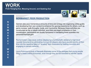 WORK
From Hanging Out, Messing Around, and Geeking Out
NONMARKET PEER PRODUCTION
Gamers also pour tremendous amounts of time and energy into organizing online guilds
and developing their own content to enhance the gaming experience for others, such as
game reviews, walk-throughs, mods, and machinima. Because these activities are
constructed as fan or player activities, and there are legal constraints on their
monetization, participants are doubly hampered in translating these activities into
personal financial gain.
Rachel Cody’s case study (online roleplaying) of a linkshell’s defeat of a high-level
monster documents a culminating moment for players who have poured months of their
time into the repetitive labor of “leveling” their characters by battling monsters and
engaging in menial craftwork.
Laura Robinson’s study of Neopets illustrates some of the energies that young people
bring to these online economies, even though they do not translate to real-life capital.
N
O
N
M
A
R
K
E
T
W
O
R
K
 