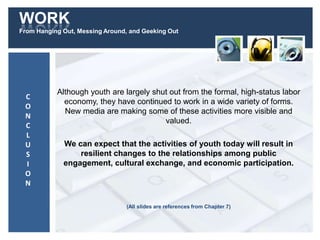 WORK
From Hanging Out, Messing Around, and Geeking Out
Although youth are largely shut out from the formal, high-status labor
economy, they have continued to work in a wide variety of forms.
New media are making some of these activities more visible and
valued.
We can expect that the activities of youth today will result in
resilient changes to the relationships among public
engagement, cultural exchange, and economic participation.
(All slides are references from Chapter 7)
C
O
N
C
L
U
S
I
O
N
 