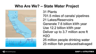 Who Are We? – State Water Project
31 Plants
701.5 miles of canals/ pipelines
21 Lakes/Reservoirs
Generate 7.6 billion kWh year
Use 12.2 billion kWh year
Deliver up to 3.7 million acre ft
H2O
25 million people drinking water
25 million fish produced/salvaged
 