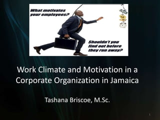 Work Climate and Motivation in a
Corporate Organization in Jamaica

       Tashana Briscoe, M.Sc.
                                    1
 