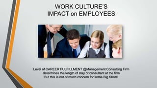 WORK CULTURE’S
        IMPACT on EMPLOYEES




Level of CAREER FULFILLMENT @Management Consulting Firm
      determines the length of stay of consultant at the firm
       But this is not of much concern for some Big Shots!
 