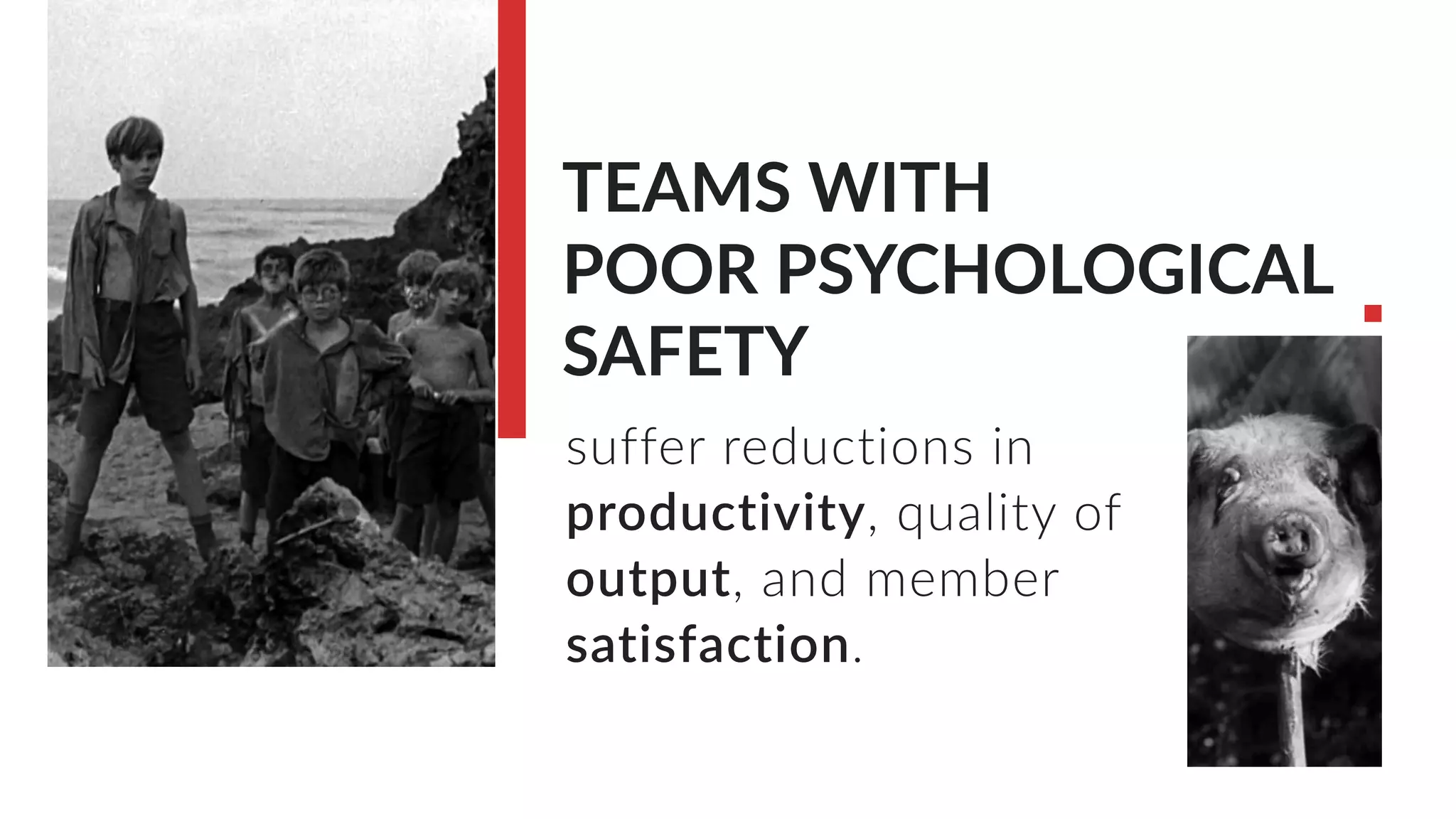 TEAMS WITH
POOR PSYCHOLOGICAL
SAFETY
suffer reductions in
productivity, quality of
output, and member
satisfaction.
 