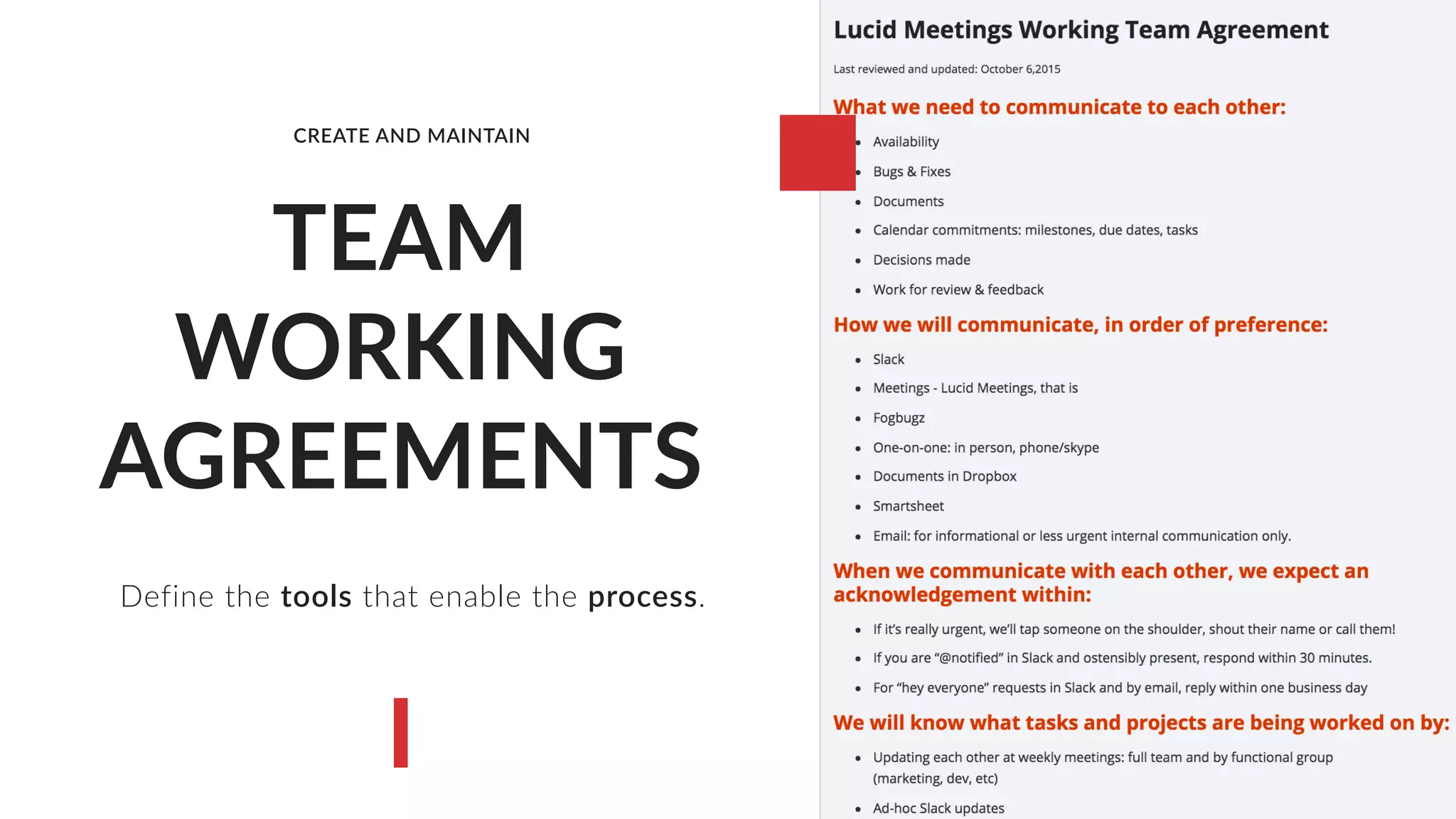 TEAM
WORKING
AGREEMENTS
Define the tools that enable the process.
CREATE AND MAINTAIN
 