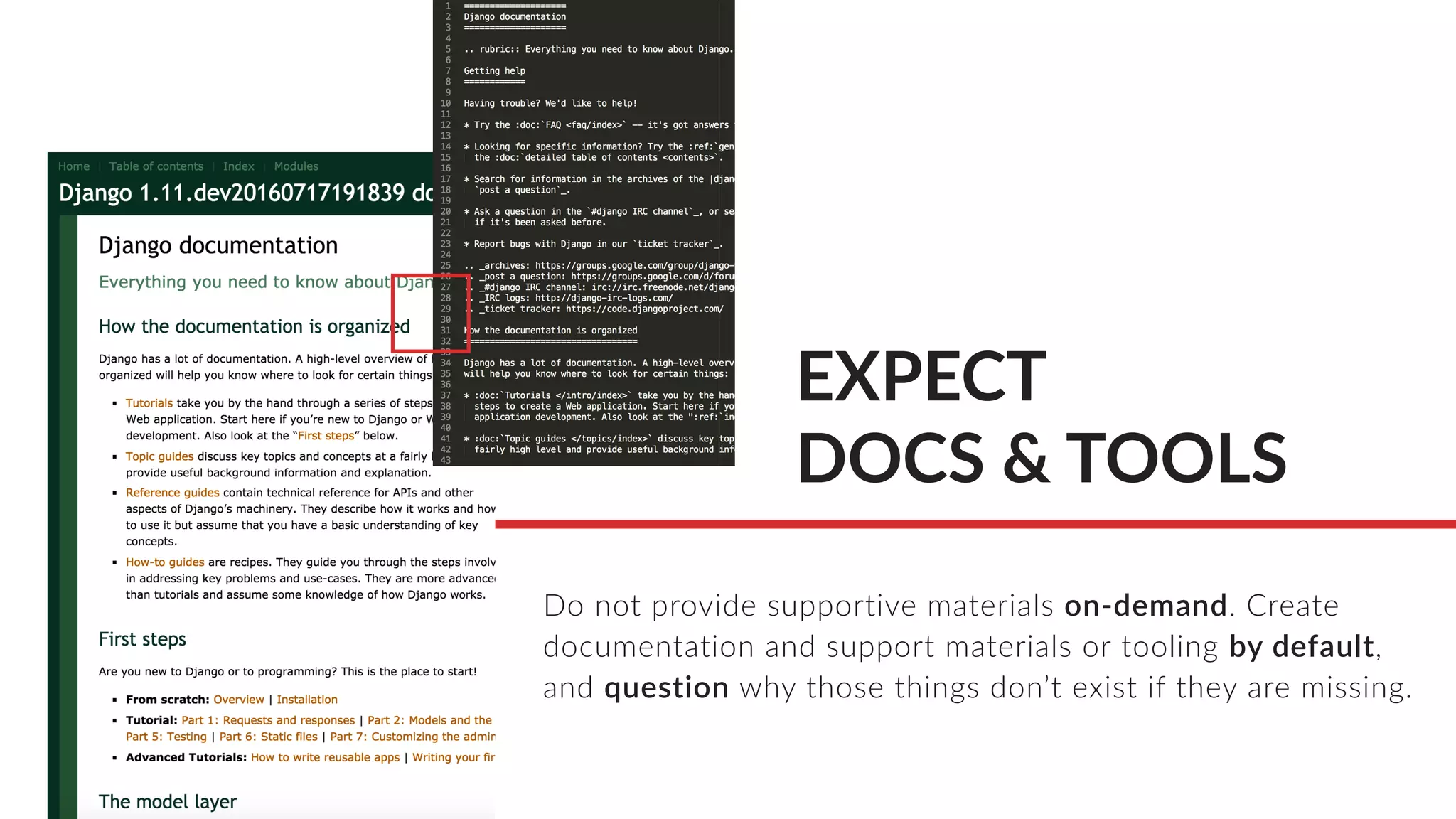 EXPECT
DOCS & TOOLS
Do not provide supportive materials on-demand. Create
documentation and support materials or tooling by default,
and question why those things don’t exist if they are missing.
 
