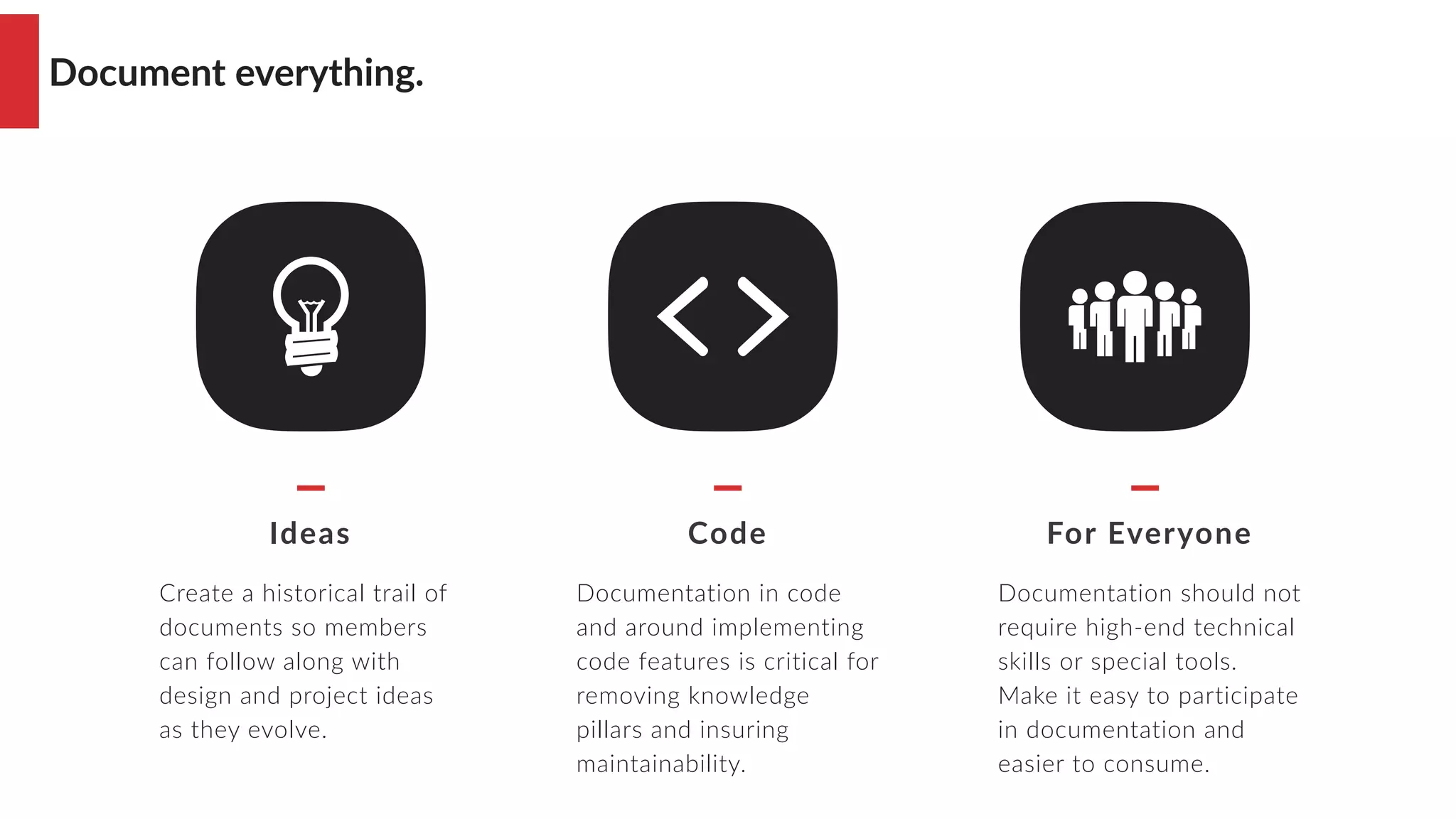 Document everything.
Ideas
Create a historical trail of
documents so members
can follow along with
design and project ideas
as they evolve.
Code
Documentation in code
and around implementing
code features is critical for
removing knowledge
pillars and insuring
maintainability.
For Everyone
Documentation should not
require high-end technical
skills or special tools.
Make it easy to participate
in documentation and
easier to consume.
 