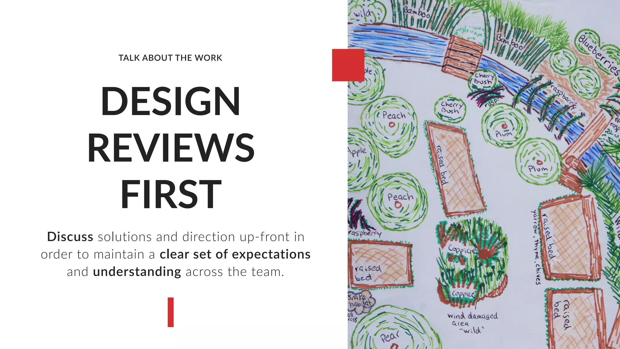 DESIGN
REVIEWS
FIRST
Discuss solutions and direction up-front in
order to maintain a clear set of expectations
and understanding across the team.
TALK ABOUT THE WORK
 