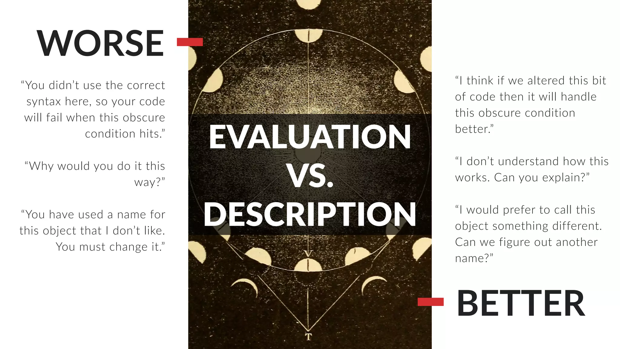 WORSE
BETTER
“You didn’t use the correct
syntax here, so your code
will fail when this obscure
condition hits.”
“Why would you do it this
way?”
“You have used a name for
this object that I don’t like.
You must change it.”
“I think if we altered this bit
of code then it will handle
this obscure condition
better.”
“I don’t understand how this
works. Can you explain?”
“I would prefer to call this
object something different.
Can we figure out another
name?”
EVALUATION
VS.
DESCRIPTION
 