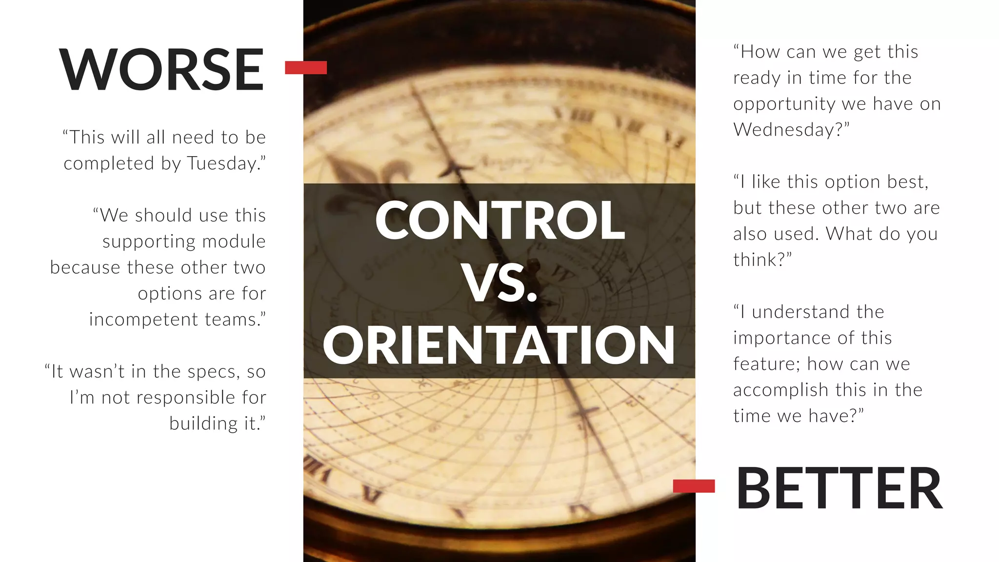 WORSE
BETTER
“This will all need to be
completed by Tuesday.”
“We should use this
supporting module
because these other two
options are for
incompetent teams.”
“It wasn’t in the specs, so
I’m not responsible for
building it.”
“How can we get this
ready in time for the
opportunity we have on
Wednesday?”
“I like this option best,
but these other two are
also used. What do you
think?”
“I understand the
importance of this
feature; how can we
accomplish this in the
time we have?”
CONTROL
VS.
ORIENTATION
 