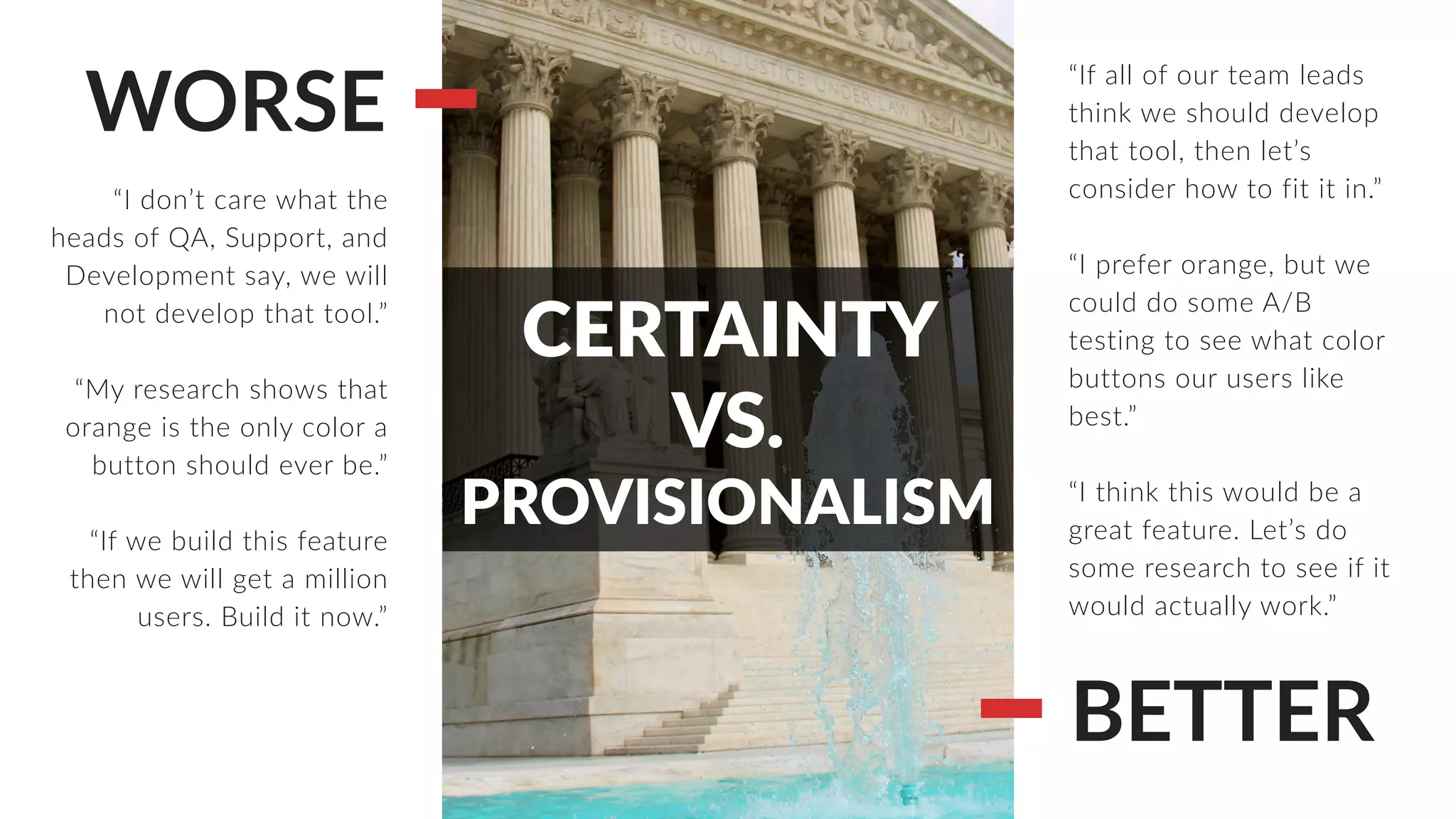 WORSE
BETTER
“I don’t care what the
heads of QA, Support, and
Development say, we will
not develop that tool.”
“My research shows that
orange is the only color a
button should ever be.”
“If we build this feature
then we will get a million
users. Build it now.”
“If all of our team leads
think we should develop
that tool, then let’s
consider how to fit it in.”
“I prefer orange, but we
could do some A/B
testing to see what color
buttons our users like
best.”
“I think this would be a
great feature. Let’s do
some research to see if it
would actually work.”
CERTAINTY
VS.
PROVISIONALISM
 