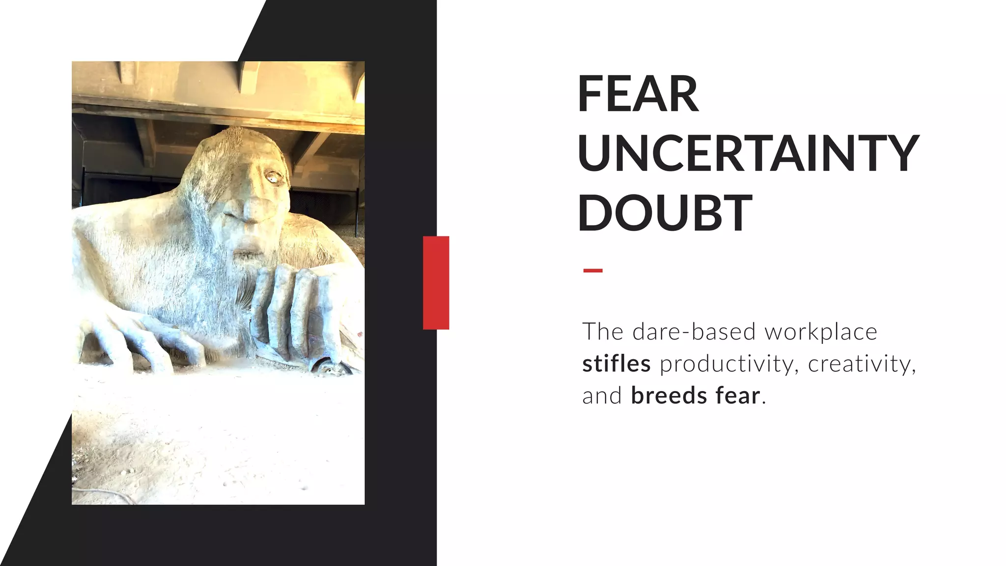 FEAR
UNCERTAINTY
DOUBT
The dare-based workplace
stifles productivity, creativity,
and breeds fear.
 
