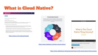 What is Cloud Native?
https://www.cncf.io/about/charter/
https://www.slideshare.net/spnewman/what-is-this-cloud-native-thing-anyway
https://www.datawire.io/what-is-cloud-native/
 