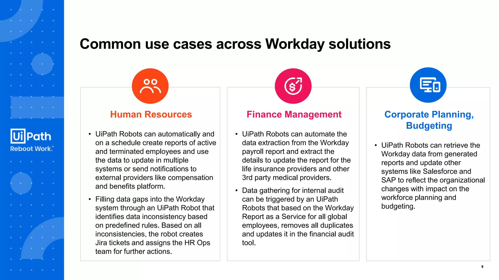 9
Common use cases across Workday solutions
Human Resources
• UiPath Robots can automatically and
on a schedule create reports of active
and terminated employees and use
the data to update in multiple
systems or send notifications to
external providers like compensation
and benefits platform.
• Filling data gaps into the Workday
system through an UiPath Robot that
identifies data inconsistency based
on predefined rules. Based on all
inconsistencies, the robot creates
Jira tickets and assigns the HR Ops
team for further actions.
Finance Management
• UiPath Robots can automate the
data extraction from the Workday
payroll report and extract the
details to update the report for the
life insurance providers and other
3rd party medical providers.
• Data gathering for internal audit
can be triggered by an UiPath
Robots that based on the Workday
Report as a Service for all global
employees, removes all duplicates
and updates it in the financial audit
tool.
Corporate Planning,
Budgeting
• UiPath Robots can retrieve the
Workday data from generated
reports and update other
systems like Salesforce and
SAP to reflect the organizational
changes with impact on the
workforce planning and
budgeting.
 