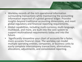 • Workday records all the rich operational information
surrounding transactions while maintaining the accounting
information expected of a global general ledger. Provides
insights beyond traditional accounting dimensions, and meet
global regulatory and financial reporting requirements.
• Global capabilities, including multi-currency, multi-language,
multibook, and more, are built into the core system to
support multinational requirements today and into the
future.
• Significantly streamline your chart of accounts for a faster,
more accurate financial close. The workday can model
multiple operating entities, companies, or business units to
easily complete intercompany transactions, eliminations,
allocations, adjustments, and consolidated reporting.
 