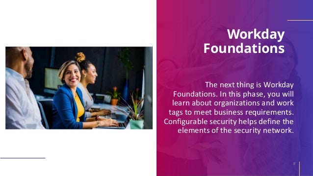 The next thing is Workday
Foundations. In this phase, you will
learn about organizations and work
tags to meet business requirements.
Configurable security helps define the
elements of the security network.
Workday
Foundations
8
 