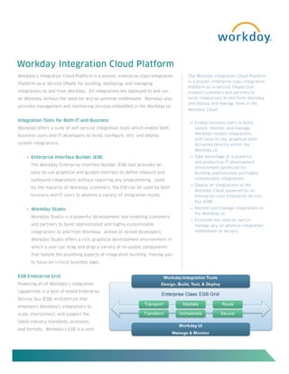 Workday Integration Cloud Platform
Workday’s Integration Cloud Platform is a proven, enterprise-class Integration   The Workday Integration Cloud Platform
                                                                                 is a proven, enterprise-class Integration
Platform-as-a–Service (iPaaS) for building, deploying, and managing
                                                                                 Platform-as–a-Service (iPaaS) that
integrations to and from Workday. All integrations are deployed to and run       enables customers and partners to
on Workday without the need for any on-premise middleware. Workday also          build integrations to and from Workday
                                                                                 and deploy and manage them in the
provides management and monitoring services embedded in the Workday UI.
                                                                                 Workday Cloud.

Integration Tools for Both IT and Business
                                                                                  •	 Enable business users to build,
Workday offers a suite of self-service integration tools which enable both           launch, monitor, and manage
                                                                                     Workday-related integrations
business users and IT developers to build, configure, test, and deploy
                                                                                     with easy-to-use, graphical tools
custom integrations.                                                                 delivered directly within the
                                                                                     Workday UI
    •	 Enterprise Interface Builder (EIB)                                         •	 Take advantage of a powerful
                                                                                     and productive IT development
      The Workday Enterprise Interface Builder (EIB) tool provides an
                                                                                     environment optimized for
      easy-to-use graphical and guided interface to define inbound and               building sophisticated and highly
      outbound integrations without requiring any programming. Used                  customizable integrations
                                                                                  •	 Deploy all integrations to the
      by the majority of Workday customers, the EIB can be used by both
                                                                                     Workday Cloud, powered by an
      business and IT users to address a variety of integration needs.               enterprise-class Enterprise Service
                                                                                     Bus (ESB)

    •	 Workday Studio                                                             •	 Monitor and manage integrations in
                                                                                     the Workday UI
      Workday Studio is a powerful development tool enabling customers
                                                                                  •	 Eliminate the need to own or
      and partners to build sophisticated and highly-customizable                    manage any on-premise integration
      integrations to and from Workday. Aimed at skilled developers,                 middleware or servers

      Workday Studio offers a rich, graphical development environment in
      which a user can drag and drop a variety of re-usable components
      that handle the plumbing aspects of integration building, freeing you
      to focus on critical business logic.


ESB Enterprise Grid
Powering all of Workday’s integration
capabilities is a best-of-breed Enterprise
Service Bus (ESB) architecture that
empowers Workday’s integrations to
scale, interconnect, and support the
latest industry standards, protocols,
and formats. Workday’s ESB is a core
 
