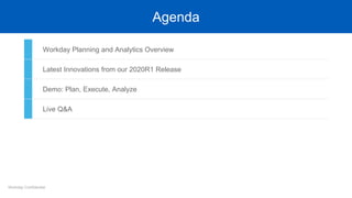 Agenda
Workday Confidential
Workday Planning and Analytics Overview
Latest Innovations from our 2020R1 Release
Demo: Plan, Execute, Analyze
Live Q&A
 