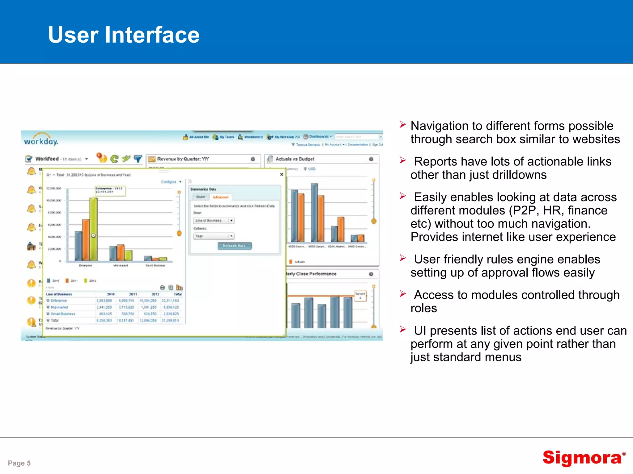 Page 5
User Interface
 Navigation to different forms possible
through search box similar to websites
 Reports have lots of actionable links
other than just drilldowns
 Easily enables looking at data across
different modules (P2P, HR, finance
etc) without too much navigation.
Provides internet like user experience
 User friendly rules engine enables
setting up of approval flows easily
 Access to modules controlled through
roles
 UI presents list of actions end user can
perform at any given point rather than
just standard menus
 