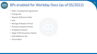 19
• Offer / Employment Agreement
• Change Job
• Request Reference letter
• Hire
• Manage Probation Period
• Preview Probation Period
• Employee Contract
• Wage Theft Prevention Notice
• Add Additional Job
• Termination
BPs enabled for Workday Docs (as of 05/2022)
 