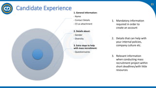 21
Candidate Experience
1. General Information:
- Name
- Contact Details
- CV as attachment
2. Details about:
- Gender
- Diversity
3. Extra steps to help
with mass recruitment:
- Questionnaires
1. Mandatory information
required in order to
create an account
2. Details that can help with
your internal policies,
company culture etc.
3. Relevant information
when conducting mass
recruitment project within
short deadlines/with little
resources
 