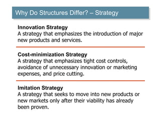 Why Do Structures Differ?  – Strategy Innovation Strategy A strategy that emphasizes the introduction of major new products and services. Imitation Strategy A strategy that seeks to move into new products or new markets only after their viability has already been proven. Cost-minimization Strategy A strategy that emphasizes tight cost controls, avoidance of unnecessary innovation or marketing expenses, and price cutting. 