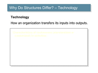 Why Do Structures Differ?  –  Technology Characteristics of routineness (standardized or customized) in activities: Routine technologies are associated with tall, departmentalized structures and formalization in organizations. Routine technologies lead to centralization when formalization is low. Nonroutine technologies are associated with delegated decision authority. Technology How an organization transfers its inputs into outputs. 