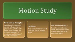 Motion Study In Workplace Work design & measurement | PPTX