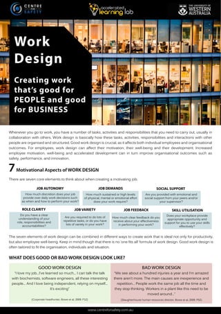 Whenever you go to work, you have a number of tasks, activities and responsibilities that you need to carry out, usually in
collaboration with others. Work design is basically how these tasks, activities, responsibilities and interactions with other
people are organised and structured. Good work design is crucial, as it affects both individual employees and organisational
outcomes. For employees, work design can affect their motivation, their well-being and their development. Increased
employee motivation, well-being and accelerated development can in turn improve organisational outcomes such as
safety, performance, and innovation.
There are seven core elements to think about when creating a motivating job.
The seven elements of work design can be combined in different ways to create work that is ideal not only for productivity,
but also employee well-being. Keep in mind though that there is no ‘one fits all’ formula of work design. Good work design is
often tailored to fit the organisation, individuals and situation.
GOOD WORK DESIGN
“I love my job...I’ve learned so much... I can talk the talk
with biochemists, software engineers, all these interesting
people... And I love being independent, relying on myself...
It’s exciting”
(Corporate headhunter, Bowe et al, 2009. P12)
BAD WORK DESIGN
“We see about a hundred injuries a year and I’m amazed
there aren’t more. The main causes are inexperience and
repetition… People work the same job all the time and
they stop thinking. Workers in a plant like this need to be
moved around…”
(Slaughterhouse human resources director, Bowe et al, 2009. P52)
Are you required to do lots of
repetitive tasks, or do you have
lots of variety in your work?
Do you have a clear
understanding of your
role, responsibilities and
accountabilities?
How much clear feedback do you
receive about your effectiveness
in performing your work?
Does your workplace provide
appropriate opportunity and
support for you to use your skills
effectively?
How much discretion does your job
provide over daily work decisions such
as when and how to perform your work?
How much sustained or high levels
of physical, mental or emotional effort
does your work require?
JOB VARIETYROLE CLARITY JOB FEEDBACK SKILL UTILISATION
JOB AUTONOMY JOB DEMANDS
Work
Design
Creating work
that’s good for
PEOPLE and good
for BUSINESS
7Motivational Aspects of WORK DESIGN
WHAT DOES GOOD OR BAD WORK DESIGN LOOK LIKE?
Are you provided with emotional and
social support from your peers and/or
your supervisor?
SOCIAL SUPPORT
www.centreforsafety.com.au
 