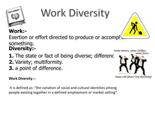 Work Diversity,[object Object],Work:-,[object Object],Exertion or effort directed to produce or accomplish something.,[object Object],Diversity:-,[object Object],1. The state or fact of being diverse; difference; unlikeness. ,[object Object],2. Variety; multiformity. ,[object Object],3. a point of difference. ,[object Object],Work Diversity :-,[object Object], It is defined as: “the variation of social and cultural identities among people existing together in a defined employment or market setting”.,[object Object]