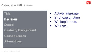Anatomy of an ADR - Decision
Johannes Dienst (@JohannesDienst)11
Title
Decision
Status
Context / Background
Consequences
Alternatives
• Active language
• Brief explanation
• We implement…
• We use…
 