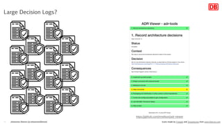 Johannes Dienst (@JohannesDienst)18
Large Decision Logs?
Icons made by Freepik and Smashicons from www.flaticon.com
https://github.com/mrwilson/adr-viewer
 