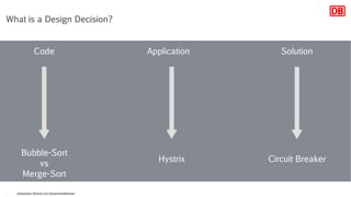 Johannes Dienst (@JohannesDienst)5
What is a Design Decision?
Code
Bubble-Sort
vs
Merge-Sort
Solution
Circuit Breaker
Application
Hystrix
 
