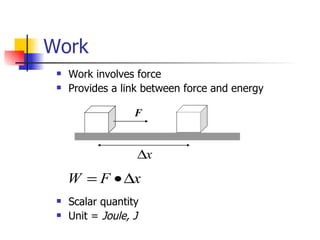 Work Work involves force Provides a link between force and energy Scalar quantity Unit =  Joule, J F 
