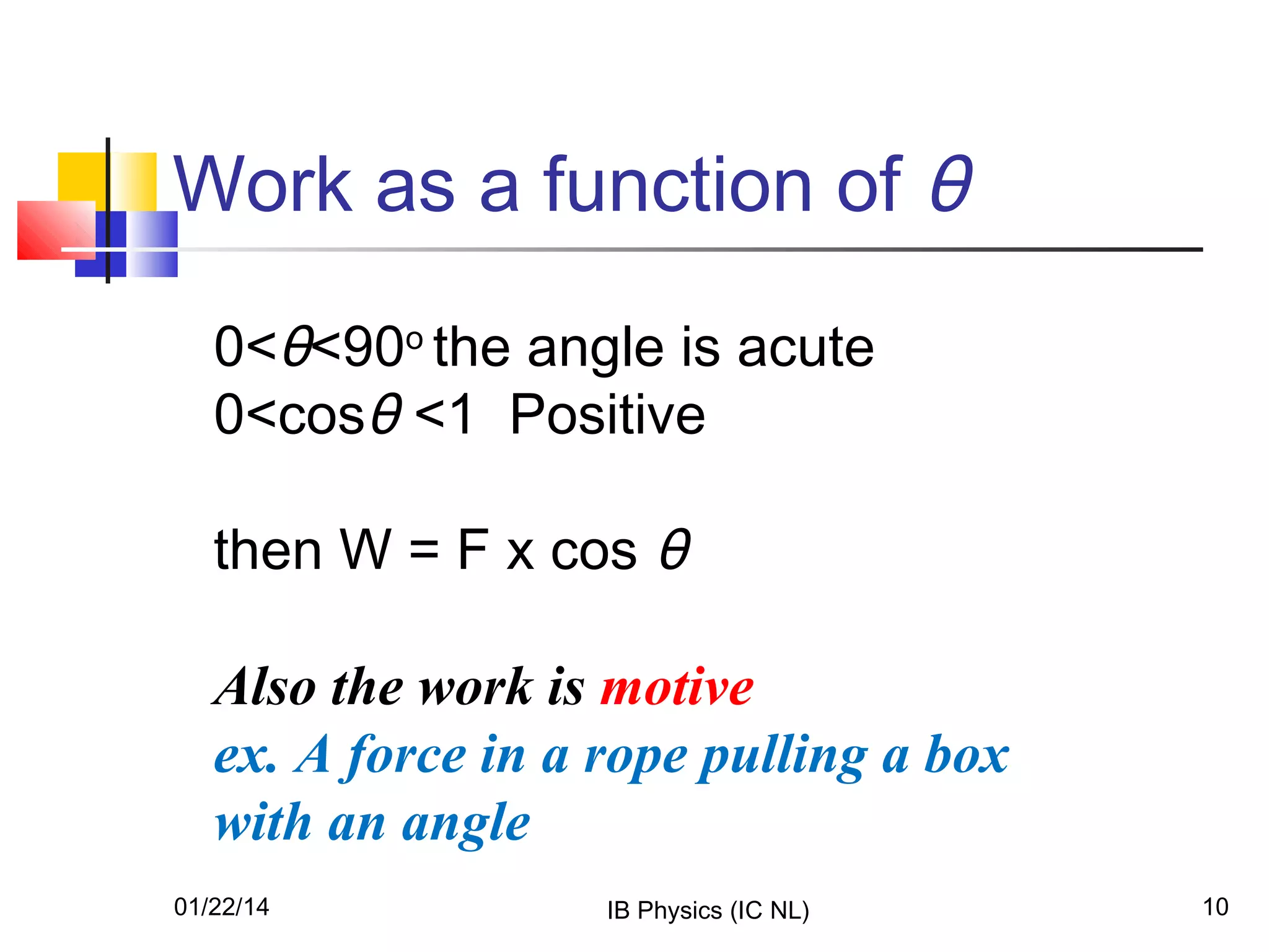 Work as a function of θ
0<θ<90o the angle is acute
0<cosθ <1 Positive
then W = F x cos θ
Also the work is motive
ex. A force in a rope pulling a box
with an angle
01/22/14

IB Physics (IC NL)

10

 