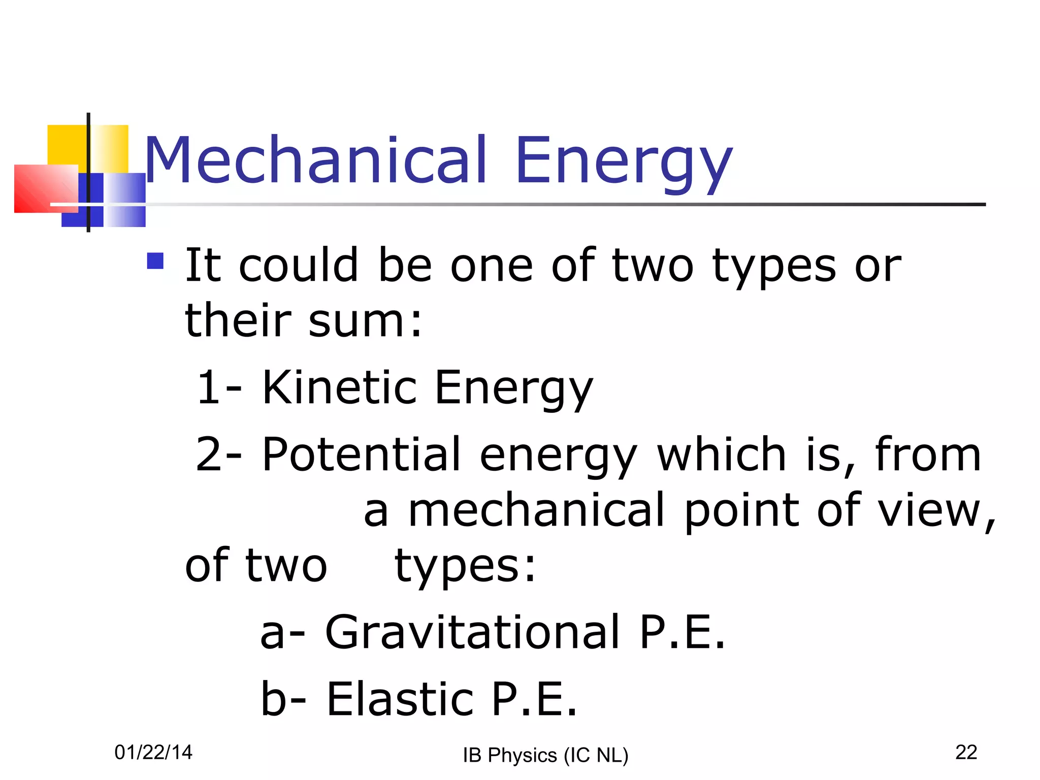 Mechanical Energy


It could be one of two types or
their sum:
1- Kinetic Energy
2- Potential energy which is, from
a mechanical point of view,
of two types:
a- Gravitational P.E.
b- Elastic P.E.

01/22/14

IB Physics (IC NL)

22

 