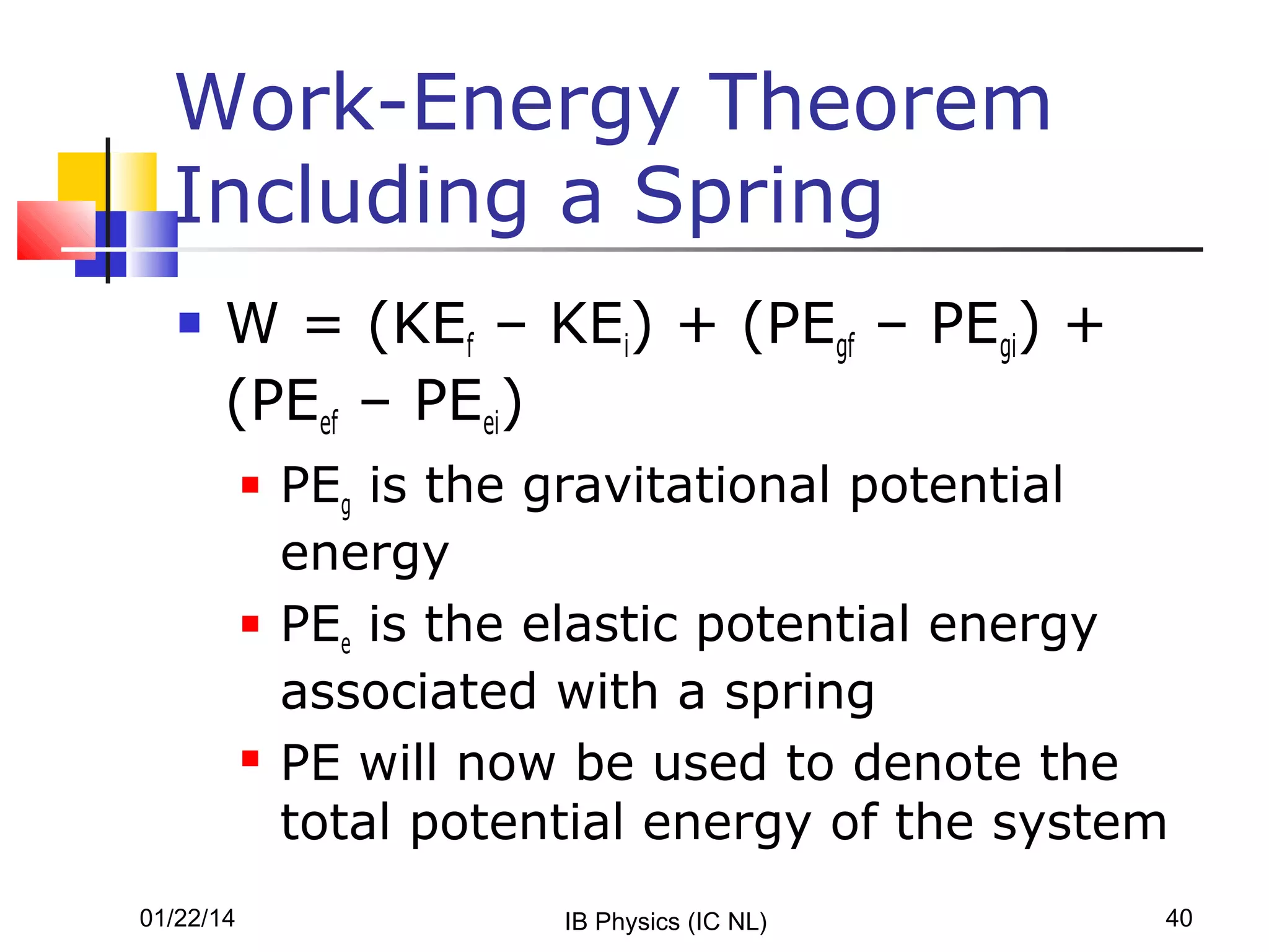 Work-Energy Theorem
Including a Spring


W = (KEf – KEi) + (PEgf – PEgi) +
(PEef – PEei)






01/22/14

PEg is the gravitational potential
energy
PEe is the elastic potential energy
associated with a spring
PE will now be used to denote the
total potential energy of the system
IB Physics (IC NL)

40

 
