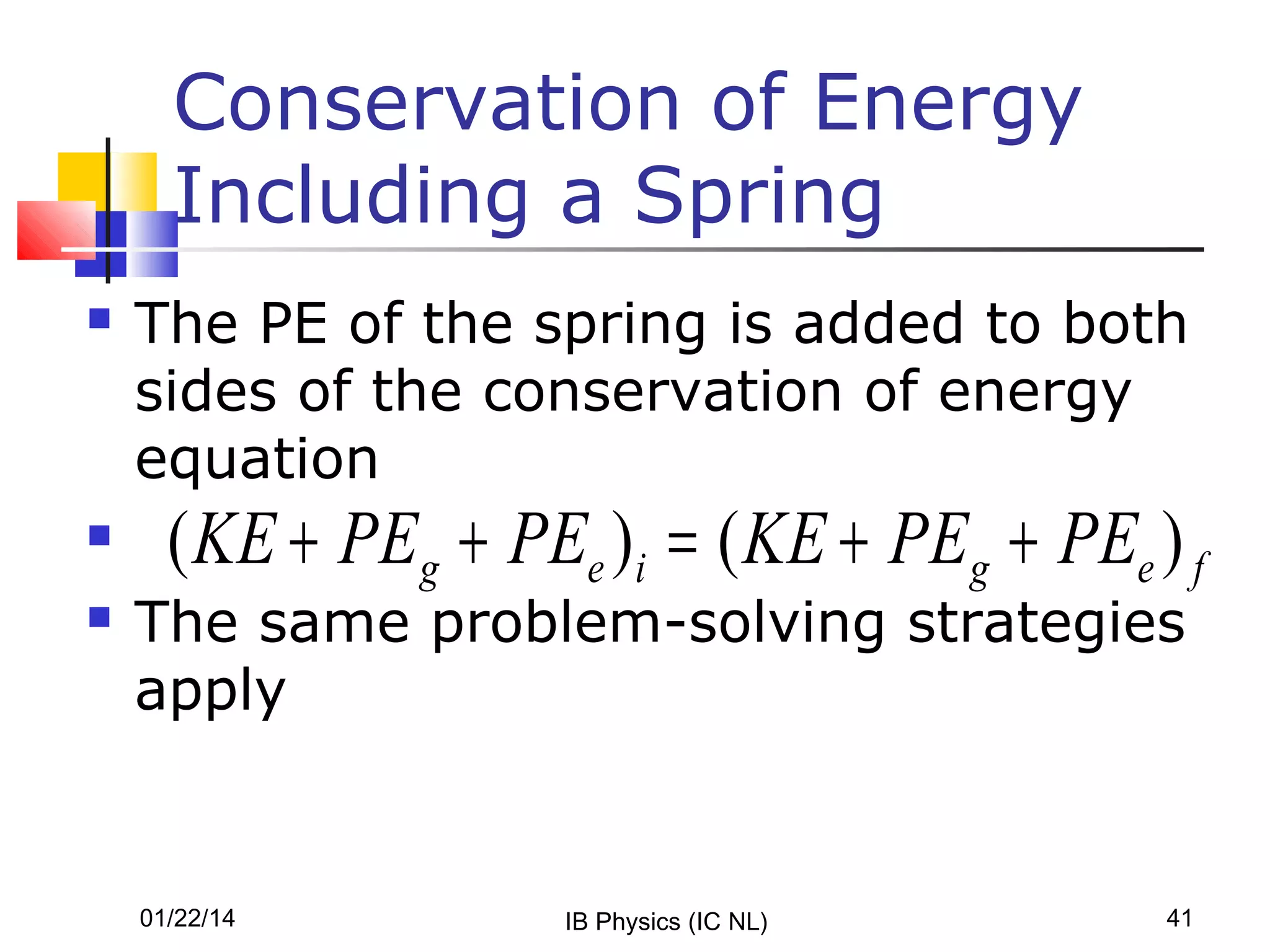Conservation of Energy
Including a Spring





The PE of the spring is added to both
sides of the conservation of energy
equation

( KE + PEg + PEe )i = ( KE + PEg + PEe ) f

The same problem-solving strategies
apply

01/22/14

IB Physics (IC NL)

41

 