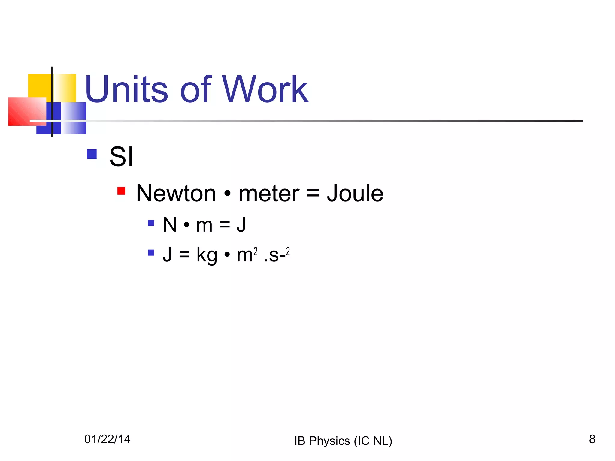 Units of Work


SI


Newton • meter = Joule



01/22/14

N•m=J
J = kg • m2 .s-2

IB Physics (IC NL)

8

 