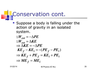Conservation cont.


Suppose a body is falling under the
action of gravity in an isolated
system.

Wext = − ∆PE
∑W
ext = ∆KE
⇒ ∆KE = − ∆PE
KE f − KE i = −( PE f − PE i )
⇒ KE f + PE f = KE i + PEi
⇒ ME f = ME i
∑

01/22/14

IB Physics (IC NL)

35

 