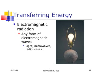 Transferring Energy


Electromagnetic
radiation


Any form of
electromagnetic
waves


01/22/14

Light, microwaves,
radio waves

IB Physics (IC NL)

46

 