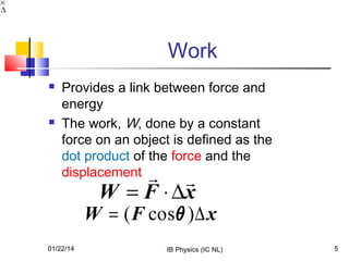 ×
∆

Work




Provides a link between force and
energy
The work, W, done by a constant
force on an object is defined as the
dot product of the force and the
displacement 


W = F ⋅ ∆x

W = ( F cosθ )∆ x
01/22/14

IB Physics (IC NL)

5

 