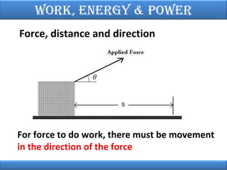 Work, EnErgy & PoWEr
Force, distance and direction

For force to do work, there must be movement
in the direction of the force

 