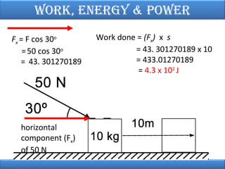 Work, EnErgy & PoWEr
Fx = F cos 30o
= 50 cos 30o
= 43. 301270189

horizontal
component (Fx)
of 50 N

Work done = (Fx) x s
= 43. 301270189 x 10
= 433.01270189
= 4.3 x 102 J

 