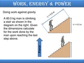 Work, EnErgy & PoWEr
Doing work against gravity
A 80.0 kg man is climbing
a stair as shown in the
diagram on the right. Given
the dimensions calculate
for the work done by the
man upon reaching the last
step above.

 