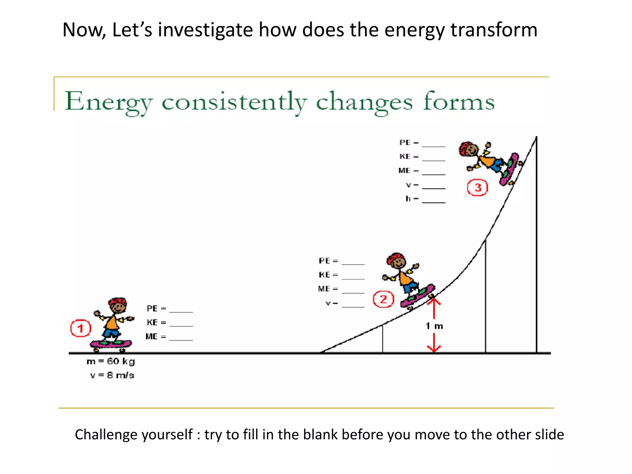 Now, Let’s investigate how does the energy transform
Challenge yourself : try to fill in the blank before you move to the other slide
 