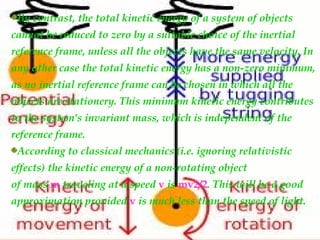 By contrast, the total kinetic energy of a system of objects
cannot be reduced to zero by a suitable choice of the inertial
reference frame, unless all the objects have the same velocity. In
any other case the total kinetic energy has a non-zero minimum,
as no inertial reference frame can be chosen in which all the
objects are stationery. This minimum kinetic energy contributes
to the system's invariant mass, which is independent of the
reference frame.
According to classical mechanics (i.e. ignoring relativistic
effects) the kinetic energy of a non-rotating object
of mass m traveling at a speed v is mv2/2. This will be a good
approximation provided v is much less than the speed of light.
 